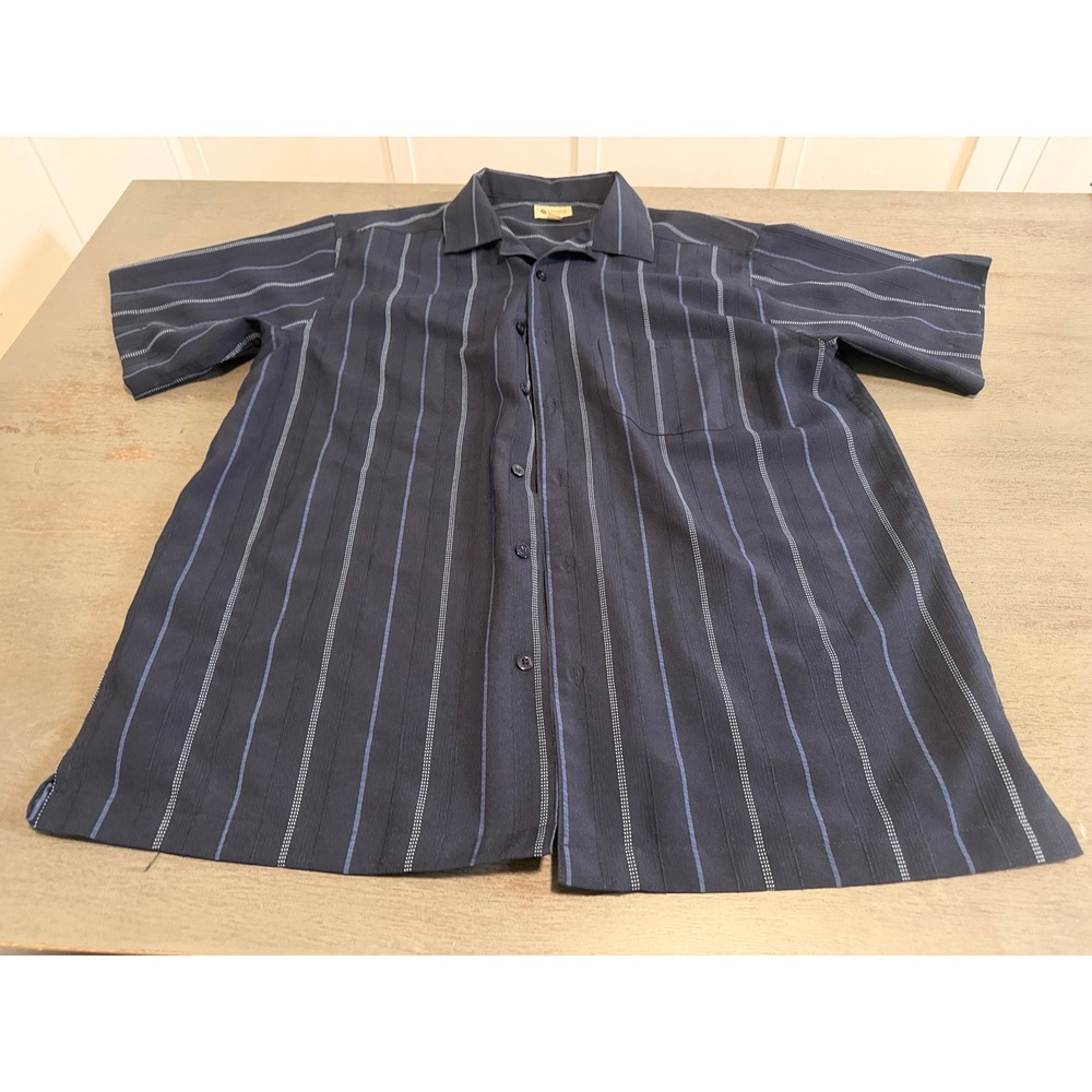 Haggar Clothing Mens Large Navy Blue Striped Short Sleeve Button Down Shirt